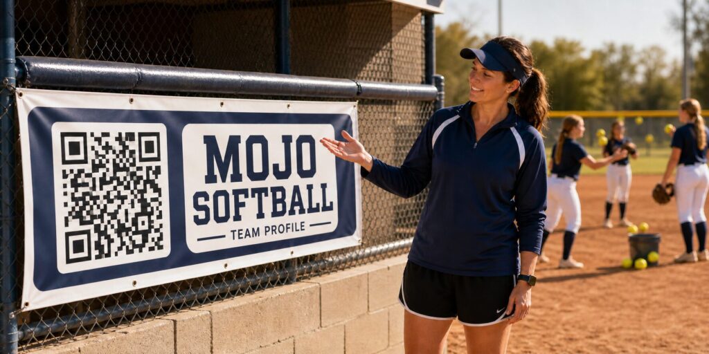 Women's softball coach displaying a team QR code banner beside the dugout