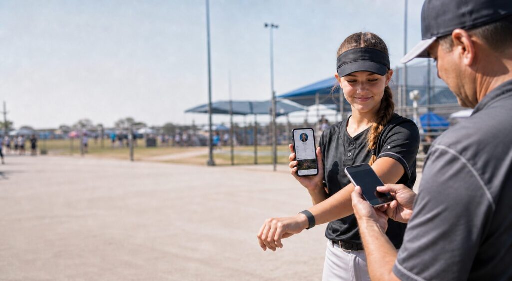 Softball athlete wearing a black Connect wristband shows her recruiting profile to a college coach